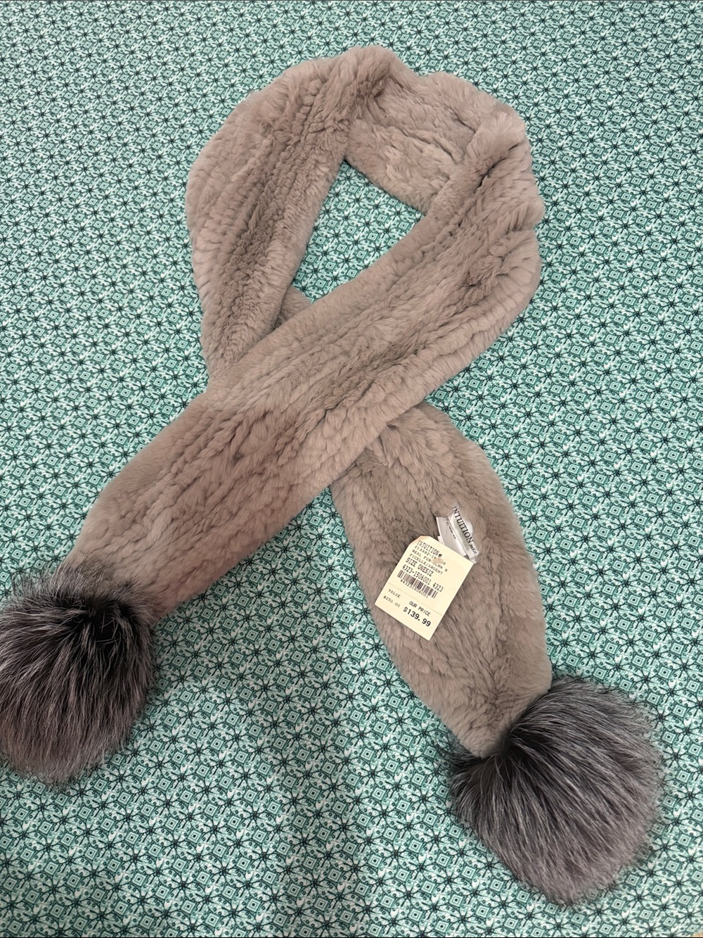 Plush Pom-Trim Faux Fur Scarf in Taupe